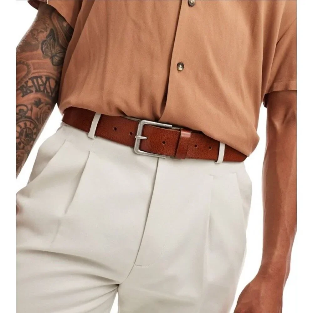 ASOS DESIGN dressy belt in tan leather Size S/M